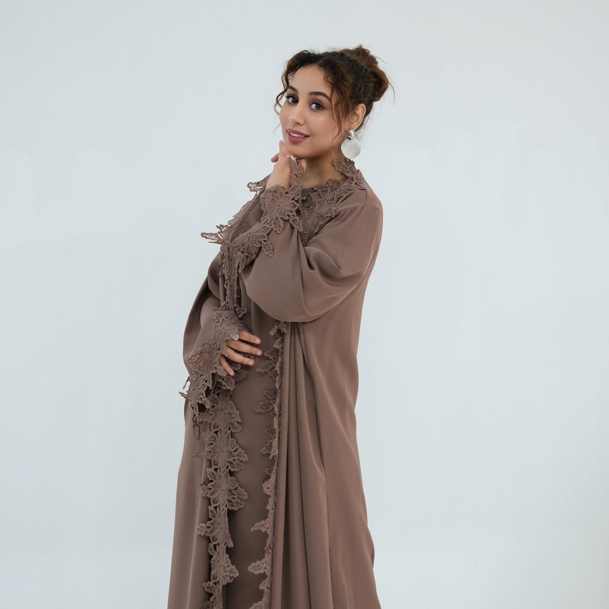 Floral Lace Trim Open Abaya & Sleeveless Inner Dress Set(MOA312)