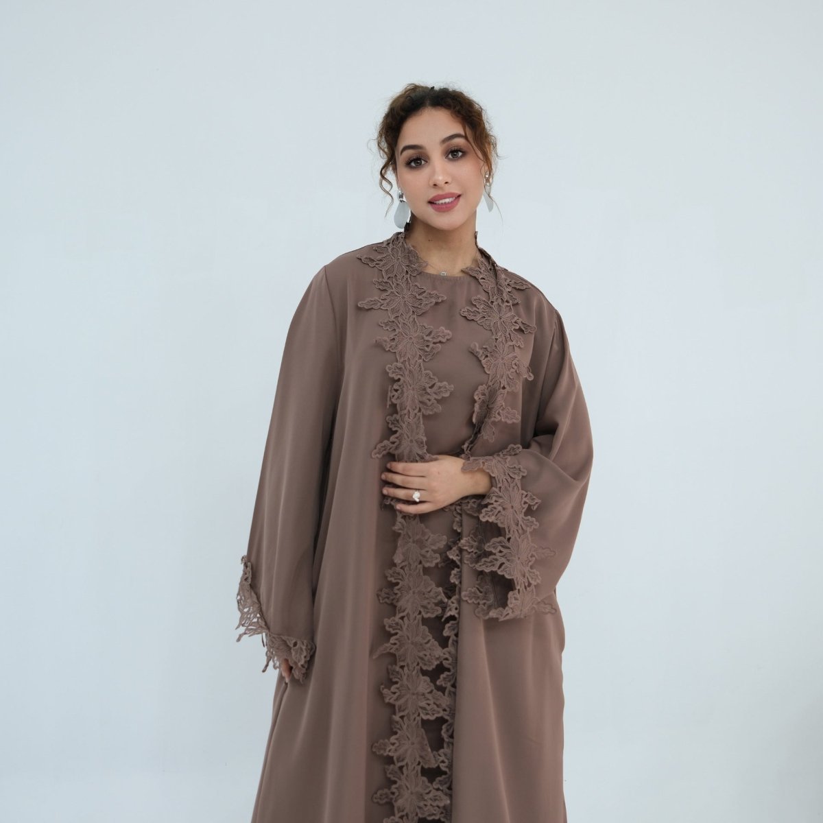 Floral Lace Trim Open Abaya & Sleeveless Inner Dress Set(MOA312)
