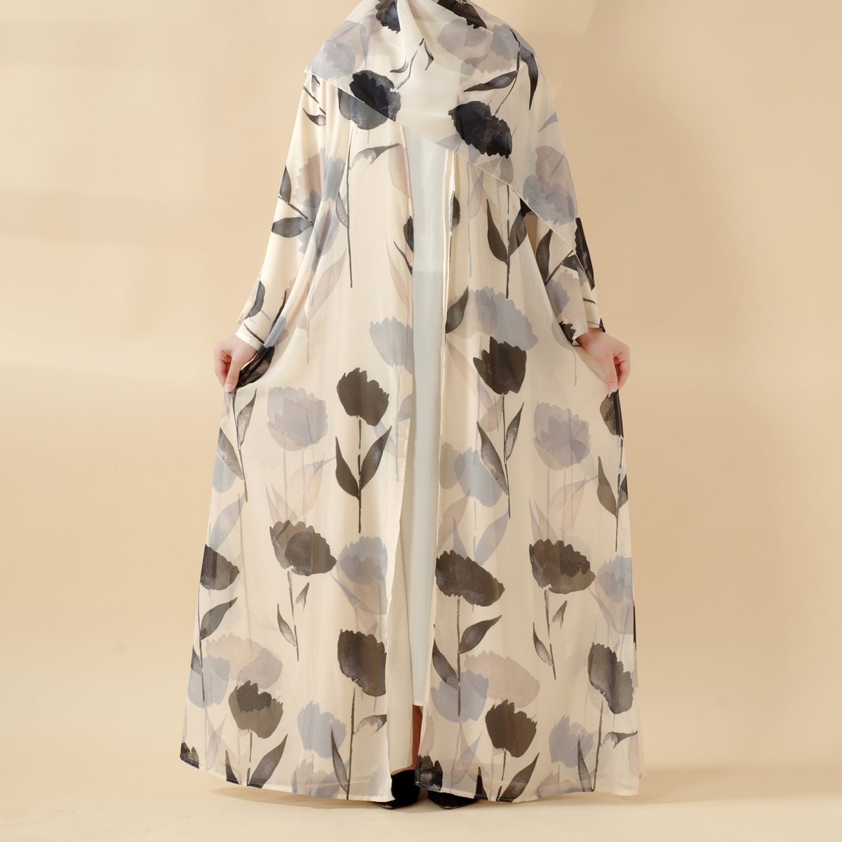 Floral Pattern Open Abaya | 2-Piece Set Lightweight Printed Open Abaya (MOA124)
