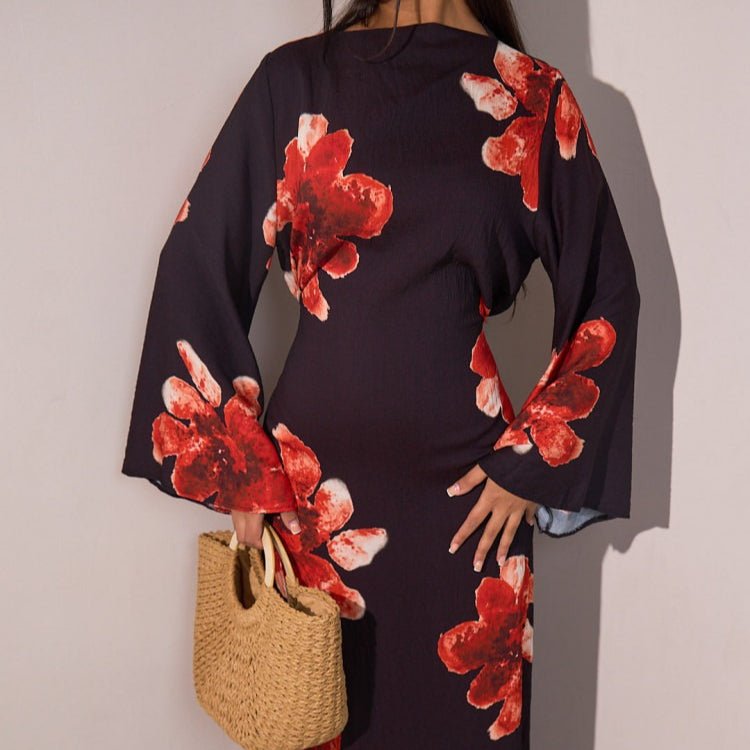 Floral Print Bell Sleeve Maxi Dress Abaya (MA214)