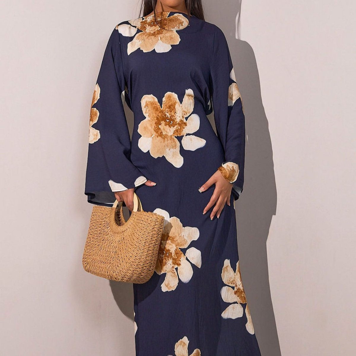 Floral Print Bell Sleeve Maxi Dress Abaya (MA214)