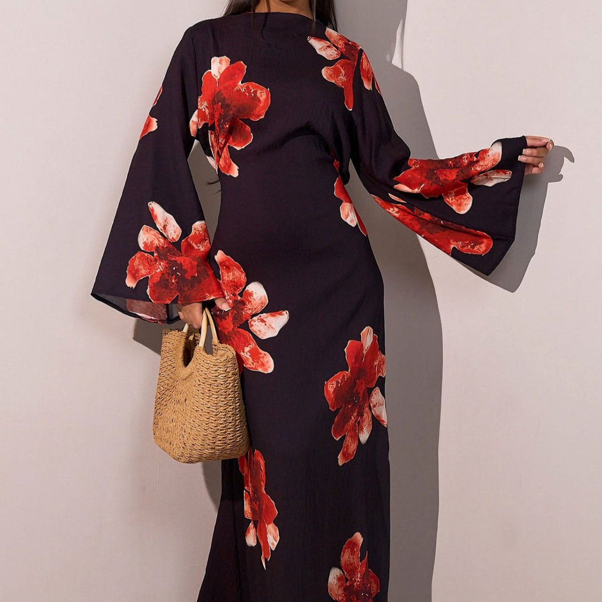 Floral Print Bell Sleeve Maxi Dress Abaya (MA214)
