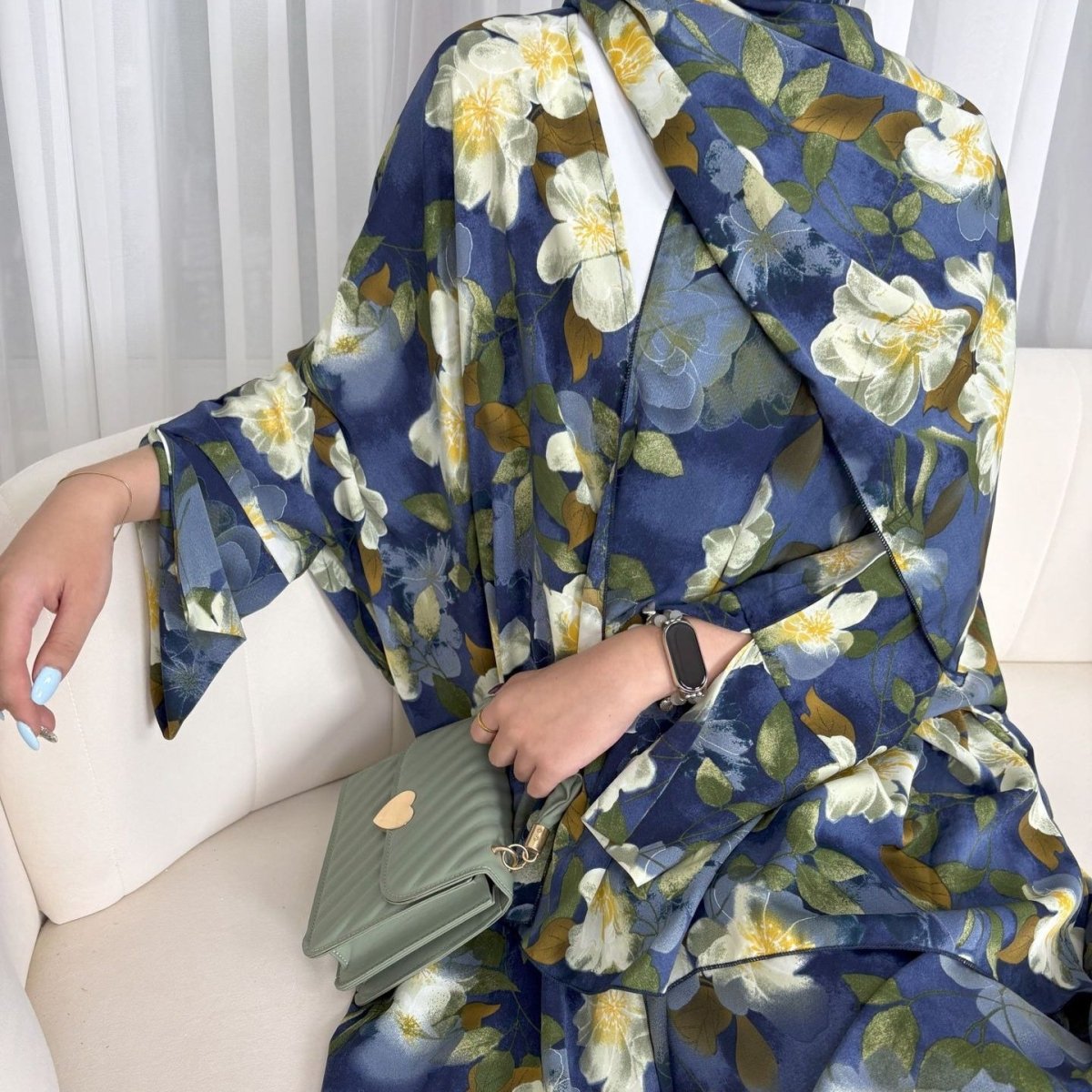 Floral Print Butterfly Sleeve Abaya Set | Resort Style Open-Front Cardigan(MOA256)