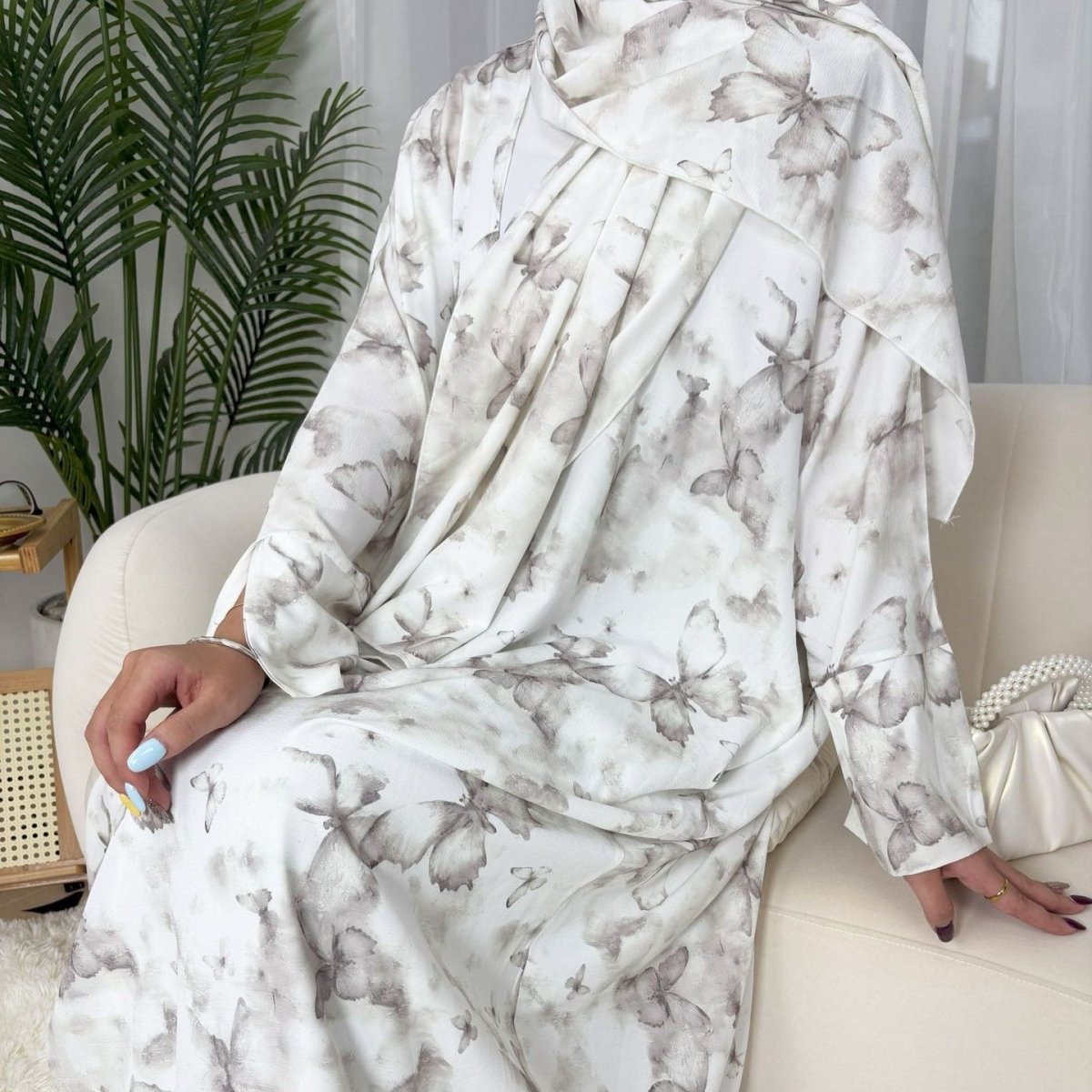 Floral Print Butterfly Sleeve Abaya Set | Resort Style Open-Front Cardigan(MOA256)