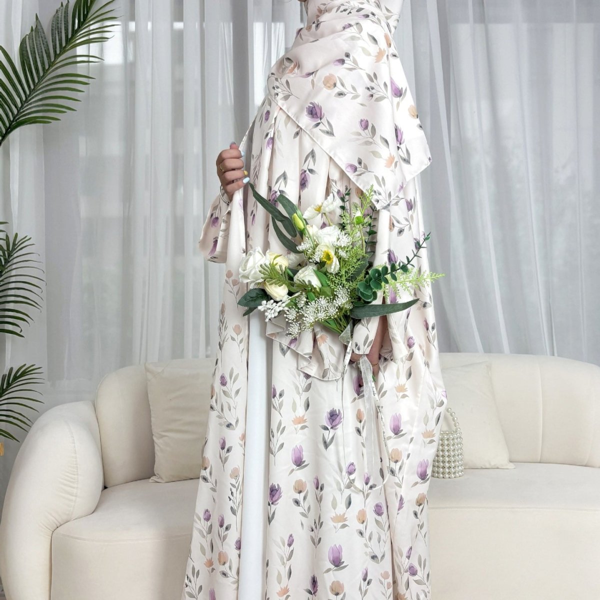 Floral Print Butterfly Sleeve Abaya Set | Resort Style Open-Front Cardigan(MOA256)