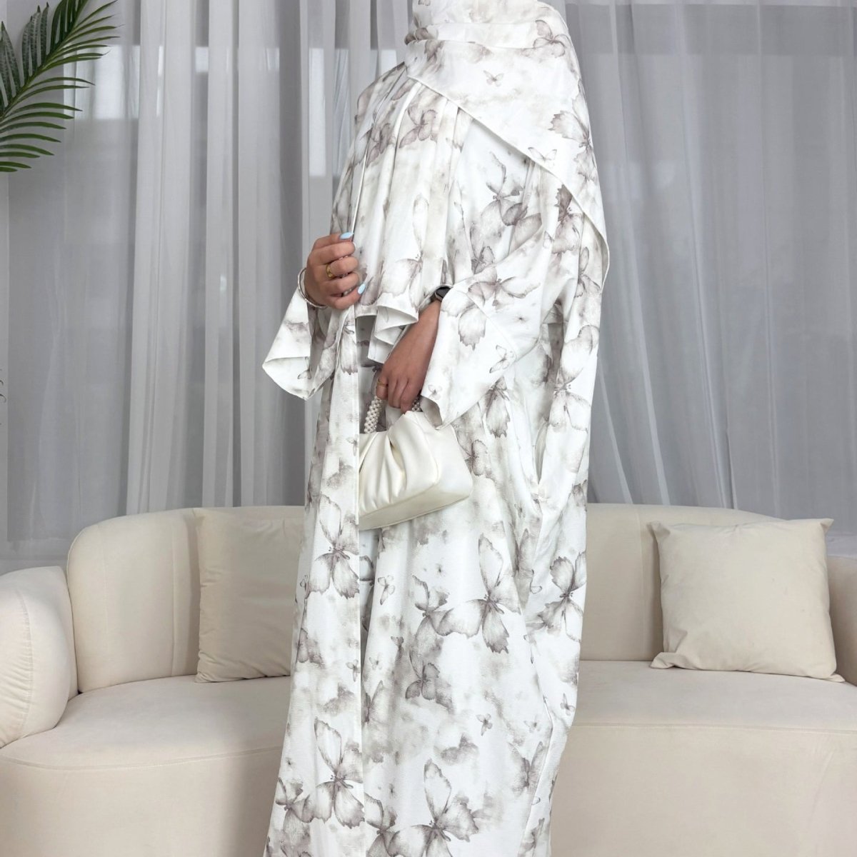 Floral Print Butterfly Sleeve Abaya Set | Resort Style Open-Front Cardigan(MOA256)