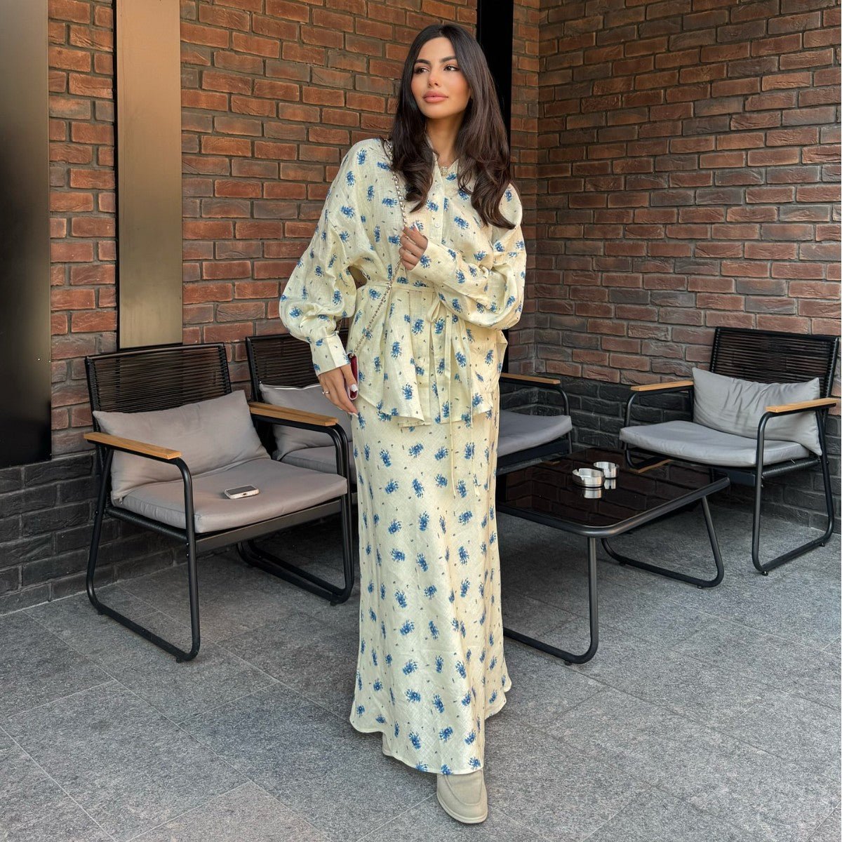Floral Print Cardigan & Maxi Skirt Set(MS380)