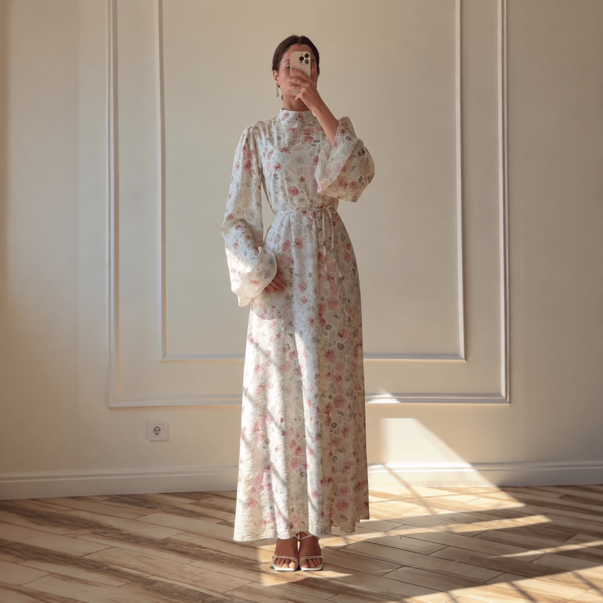 Floral Print Flared-Sleeve Waist Belt Maxi Dress(MS482)