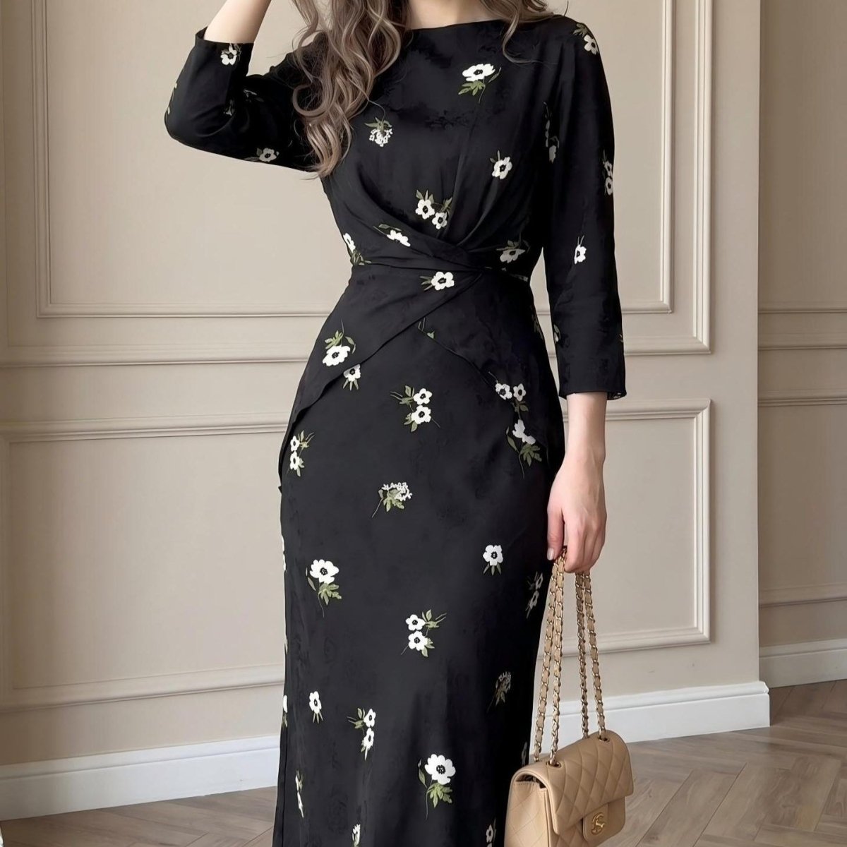 Floral Print Twist-Front Midi Dress(MS463)