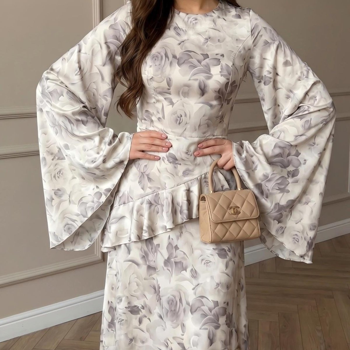 Floral Satin Maxi Dress(MS444)