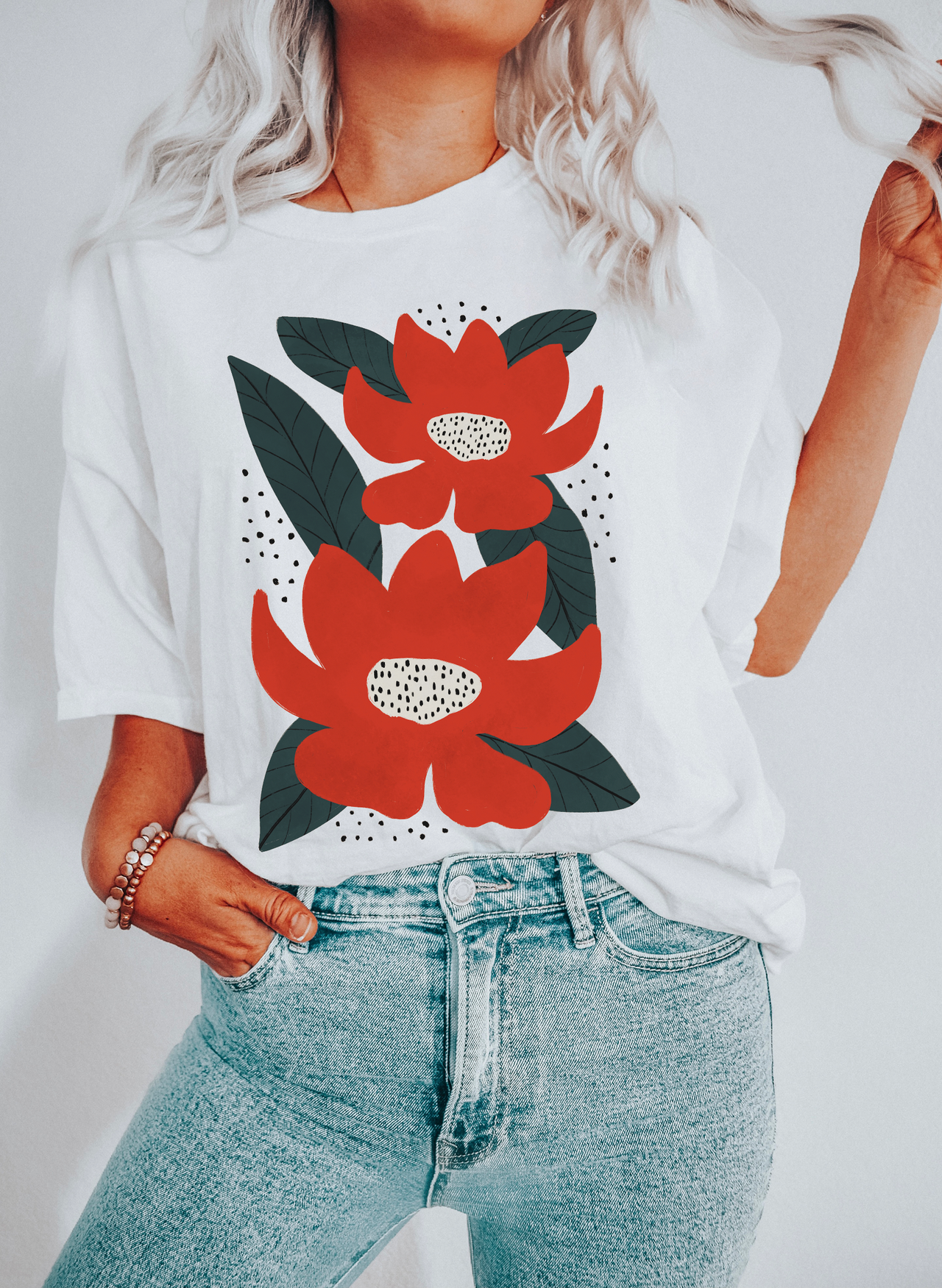 Boho Red Flowers And Leaves Botanical Floral Print Artwork Edition Comfort Colors Tee