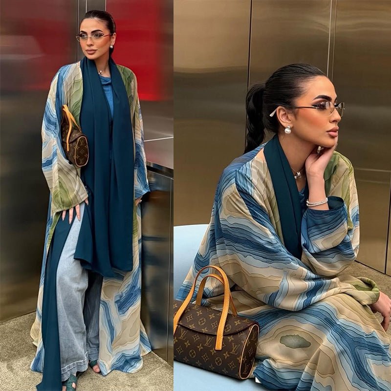 Fluid Topographic Print Open Abaya & Matching Hijab Set(MOA331)