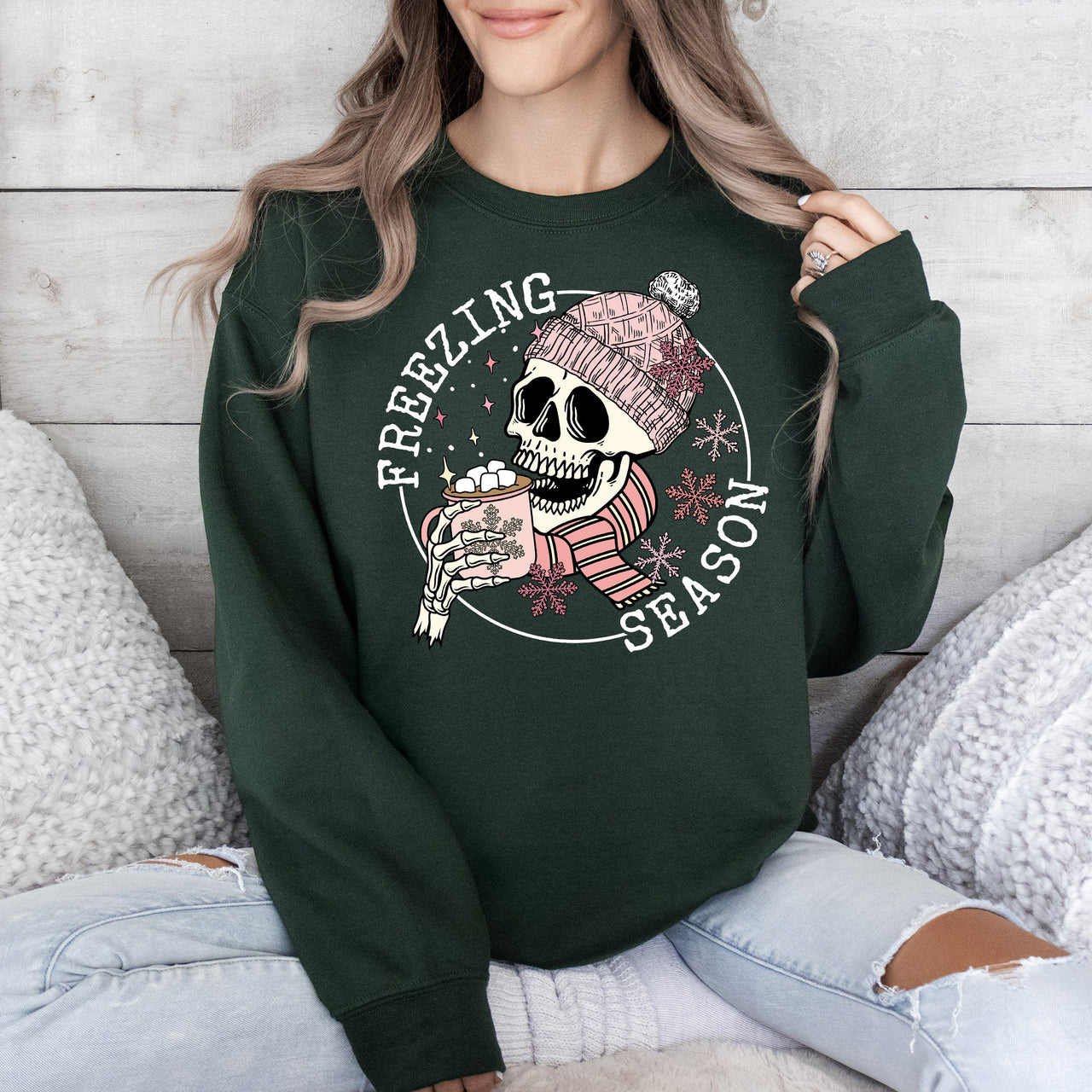 Freezing Season Skeleton Graphic Illustration With Frosty Night Winter Scene Sweatshirt