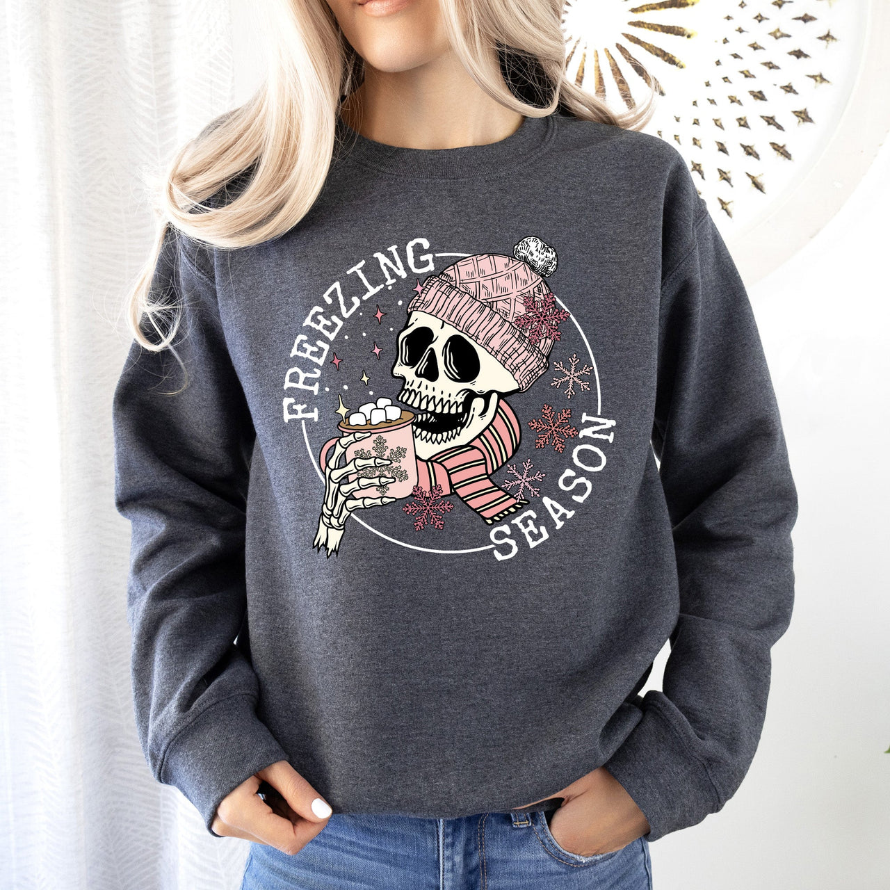Freezing Season Skeleton Graphic Illustration With Frosty Night Winter Scene Sweatshirt