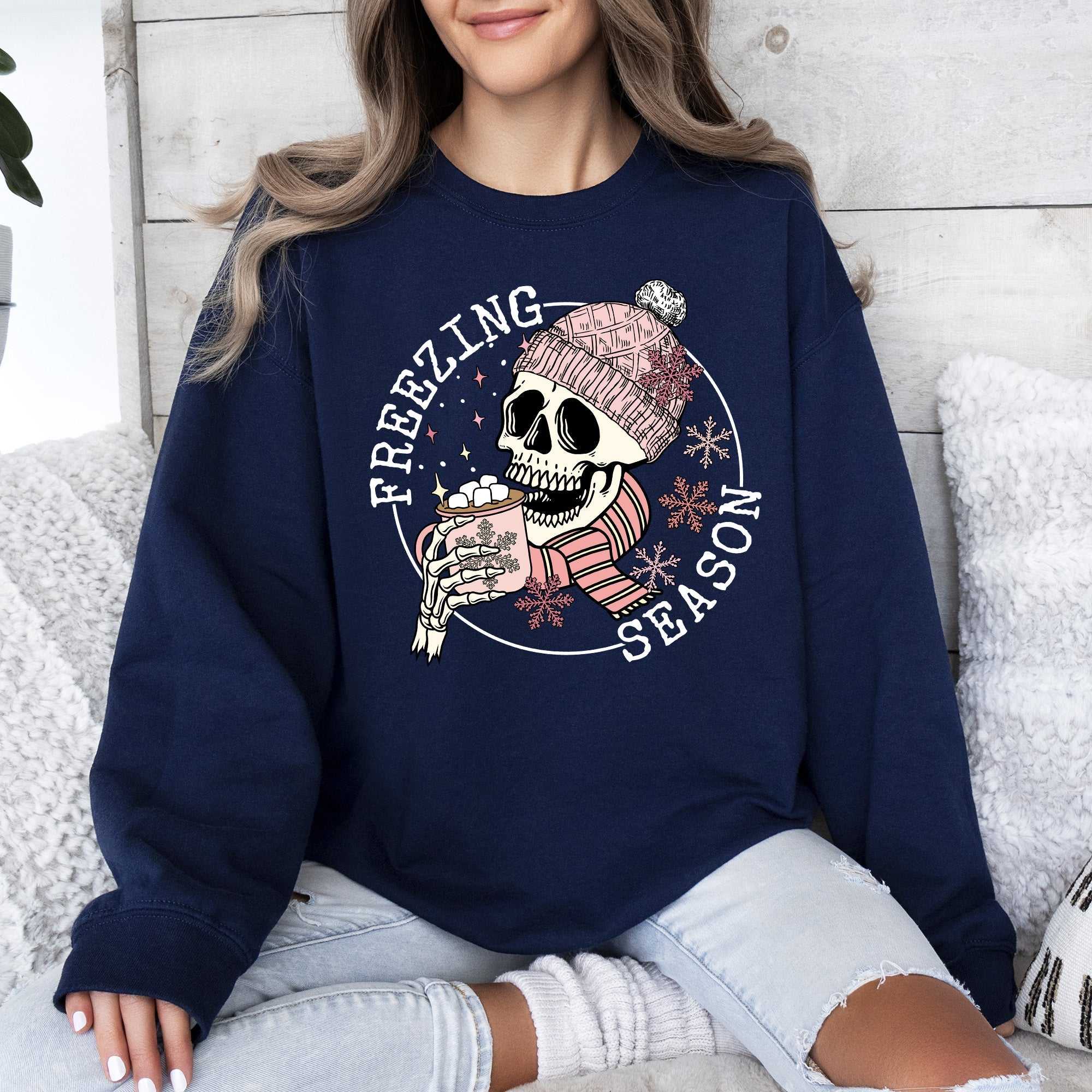 Freezing Season Skeleton Graphic Illustration With Frosty Night Winter Scene Sweatshirt