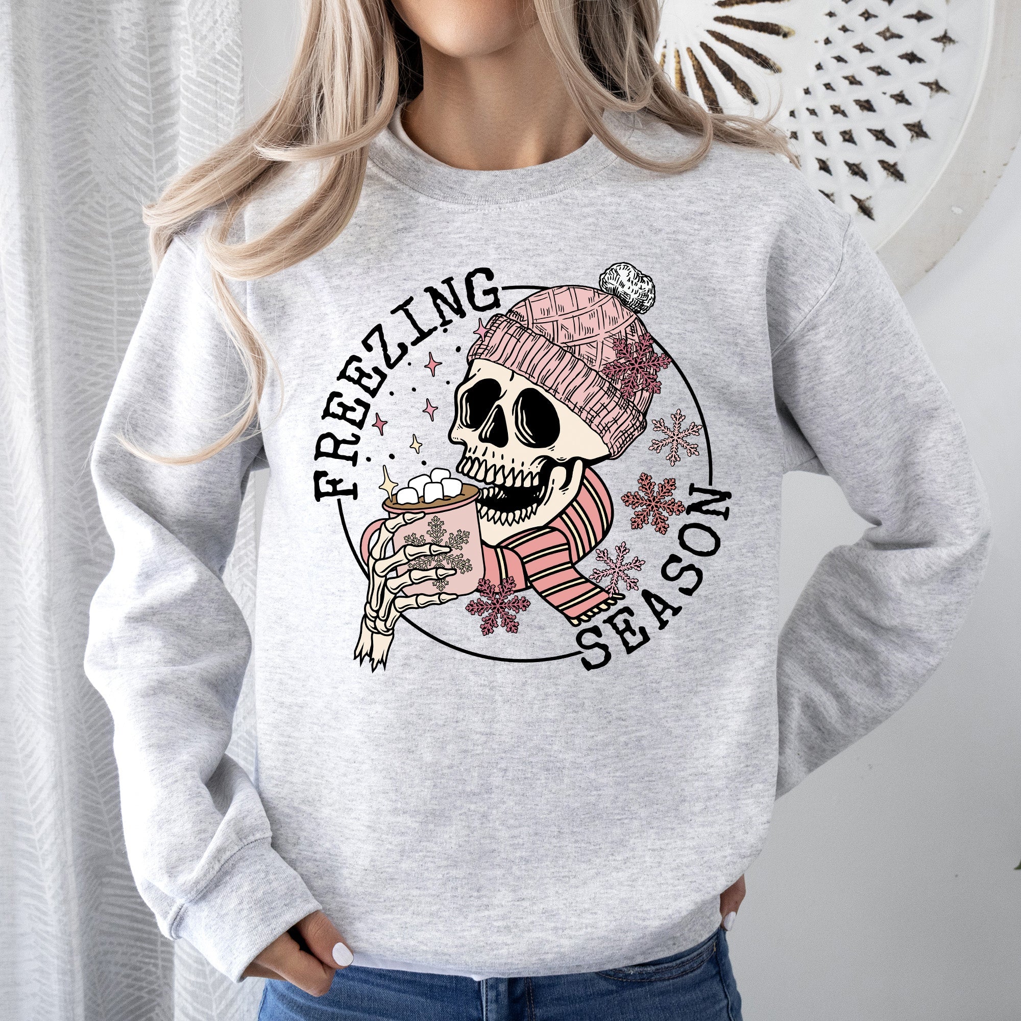 Freezing Season Skeleton Graphic Illustration With Frosty Night Winter Scene Sweatshirt