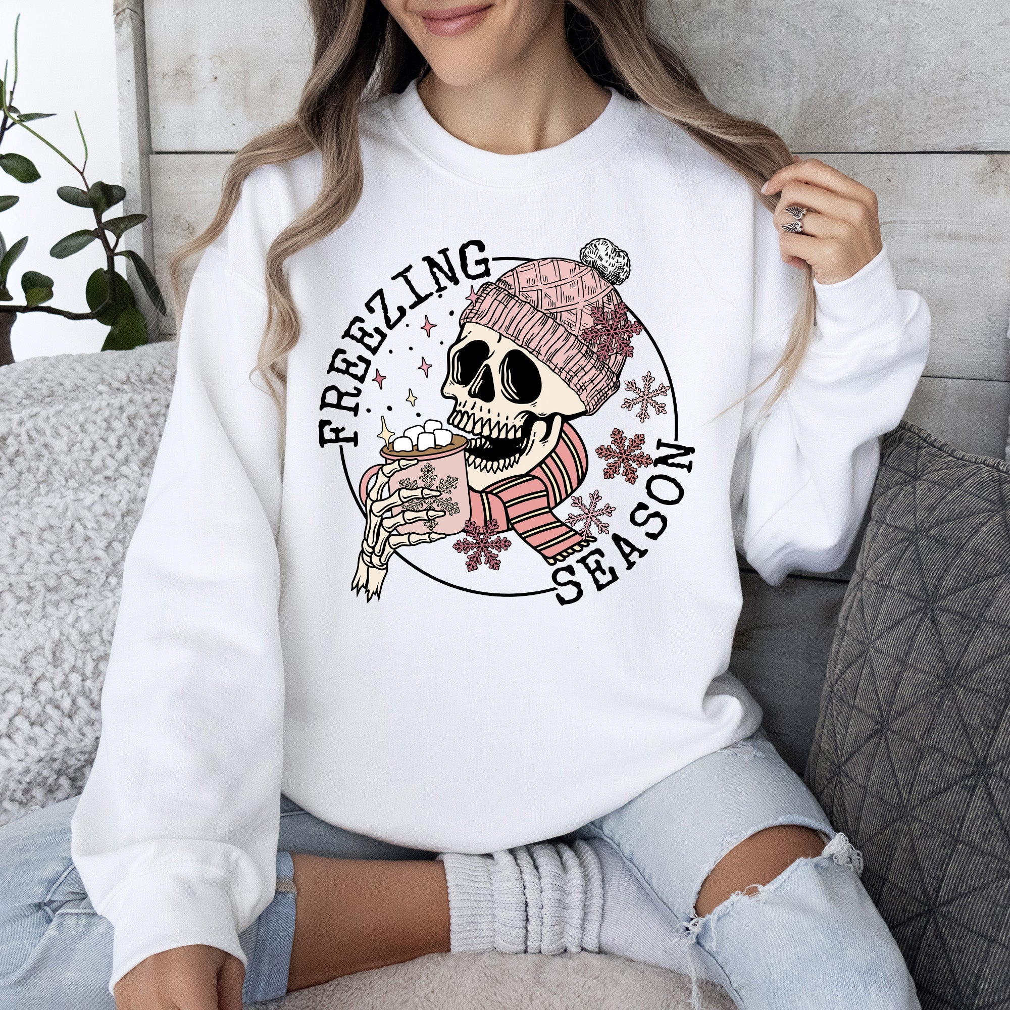 Freezing Season Skeleton Graphic Illustration With Frosty Night Winter Scene Sweatshirt