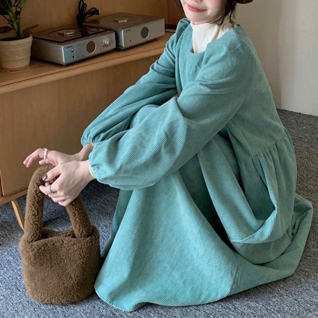 French Corduroy Lantern Sleeve Maxi Dress | Elastic Cuff Gathered Dress(MS206)