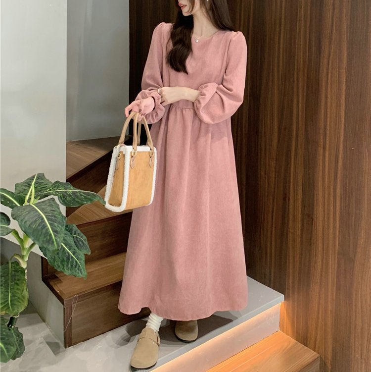 French Corduroy Lantern Sleeve Maxi Dress | Elastic Cuff Gathered Dress(MS206)
