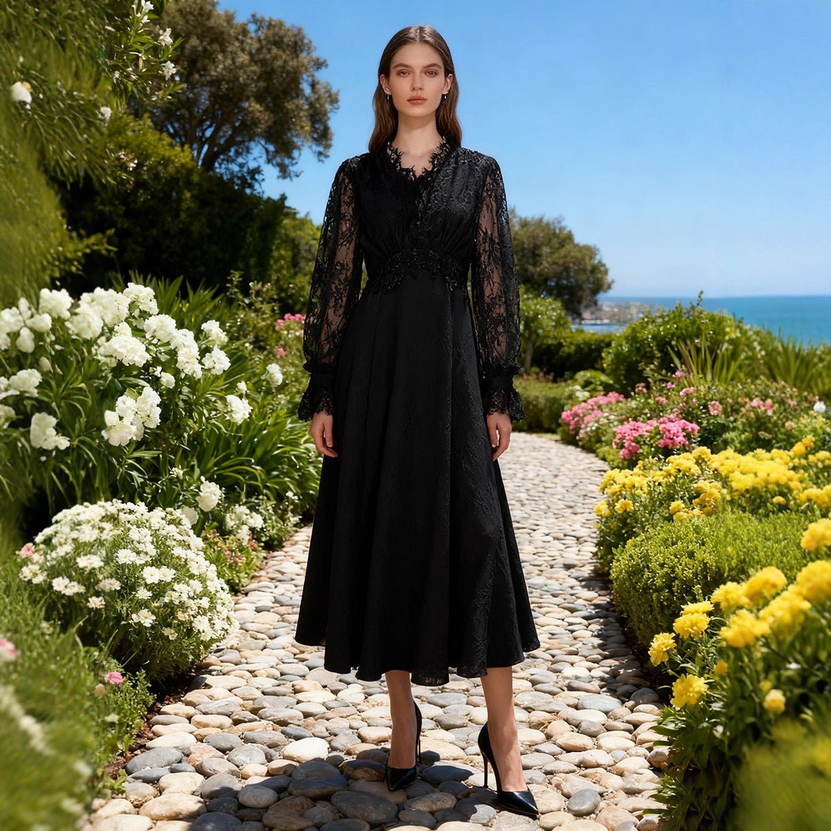 French Lace V-Neck Maxi Dress(MS361)