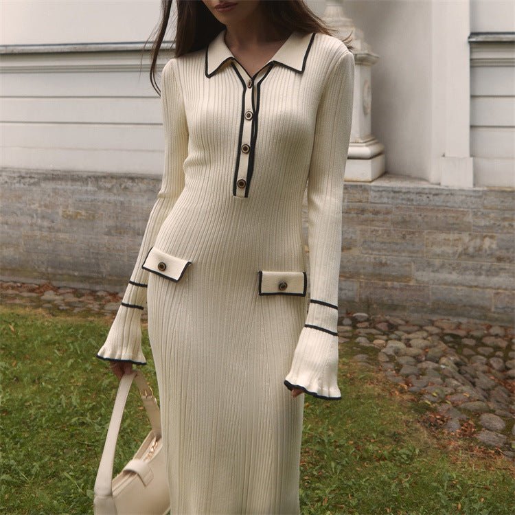 French Luxury Ruffle Trim Knit Dress | Collared Midi Sweater Dress(MS199)