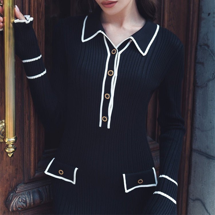 French Luxury Ruffle Trim Knit Dress | Collared Midi Sweater Dress(MS199)