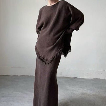 Fringed Knit Set With Batwing Sleeve Sweater And Midi Skirt (MS172)