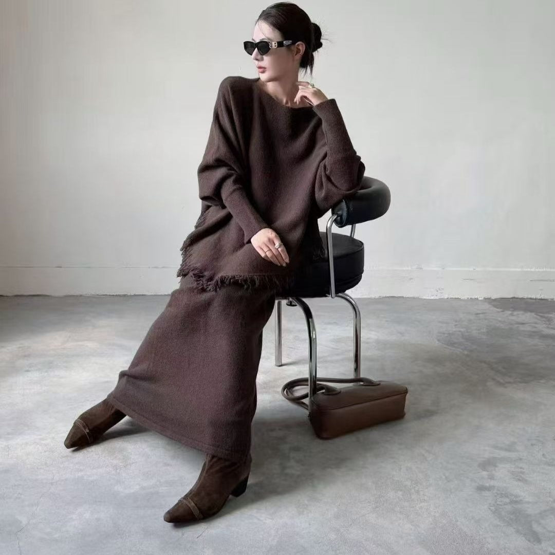 Fringed Knit Set With Batwing Sleeve Sweater And Midi Skirt (MS172)