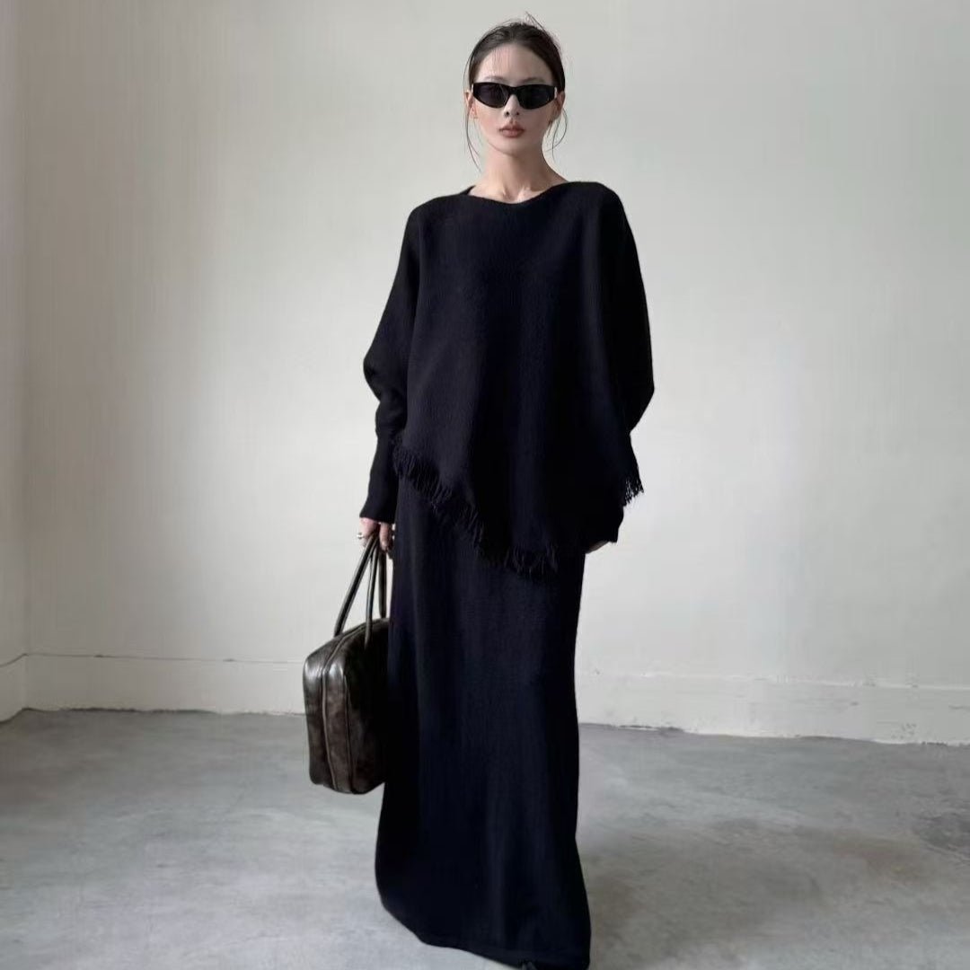 Fringed Knit Set With Batwing Sleeve Sweater And Midi Skirt (MS172)