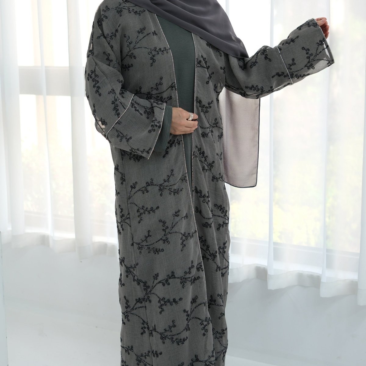 Fully Embroidered Abaya Set | Crystal Trim Vine Pattern Cardigan & Dress (MOA262)