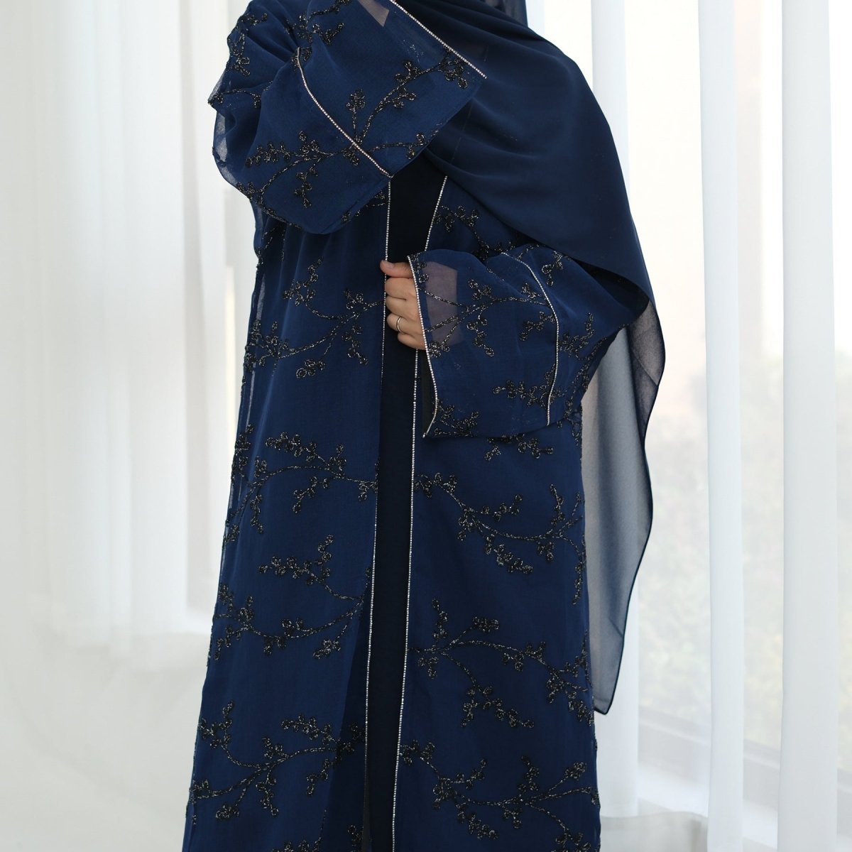 Fully Embroidered Abaya Set | Crystal Trim Vine Pattern Cardigan & Dress (MOA262)
