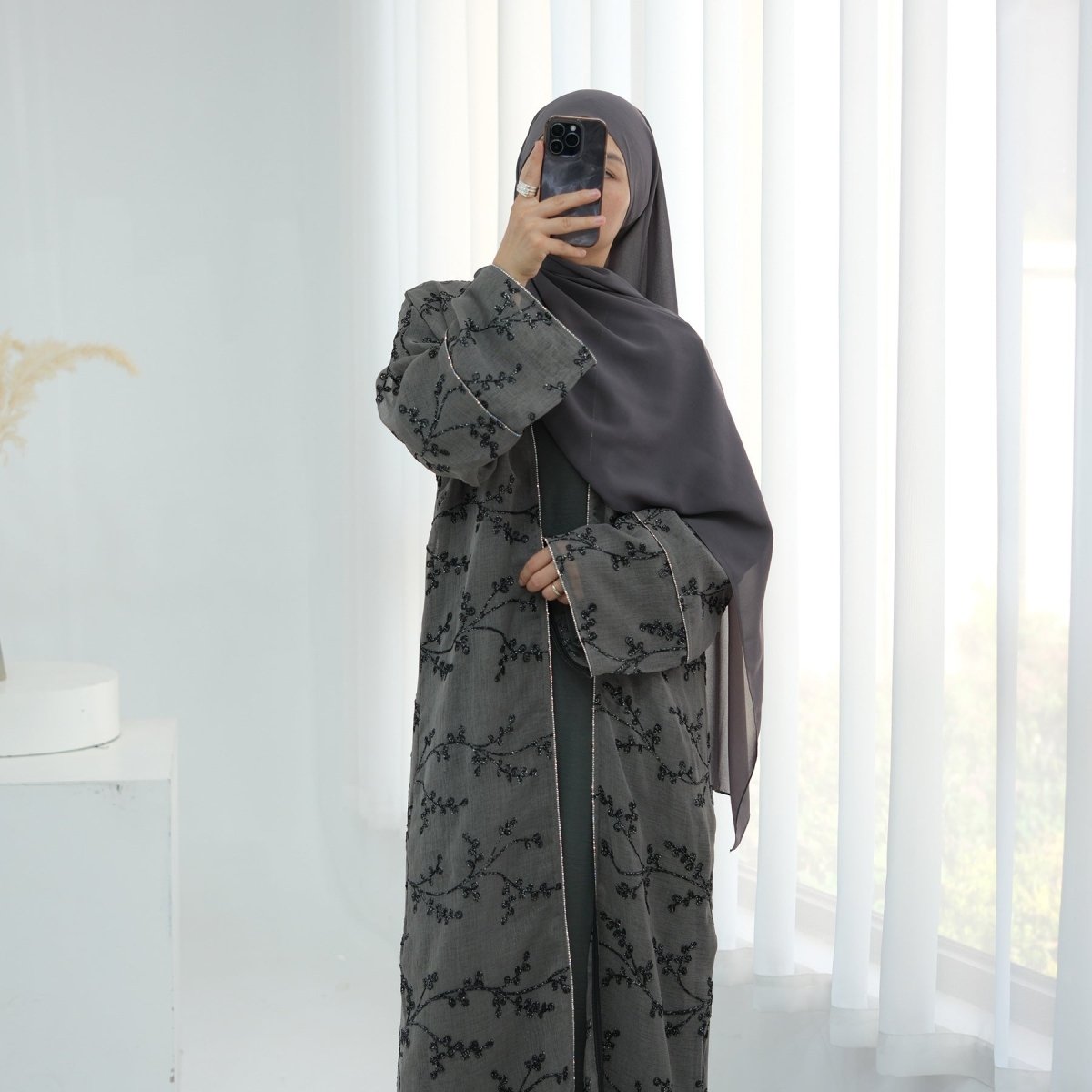 Fully Embroidered Abaya Set | Crystal Trim Vine Pattern Cardigan & Dress (MOA262)