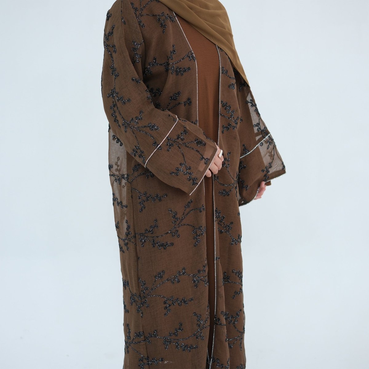 Fully Embroidered Abaya Set | Crystal Trim Vine Pattern Cardigan & Dress (MOA262)