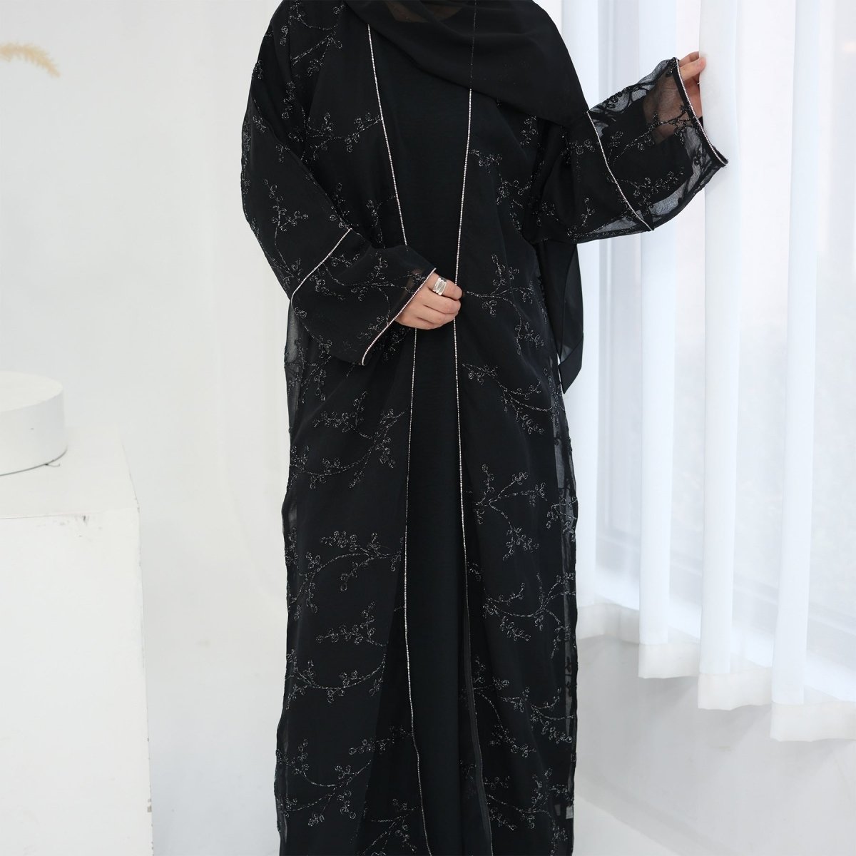 Fully Embroidered Abaya Set | Crystal Trim Vine Pattern Cardigan & Dress (MOA262)