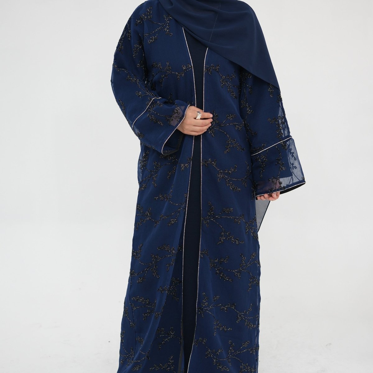 Fully Embroidered Abaya Set | Crystal Trim Vine Pattern Cardigan & Dress (MOA262)