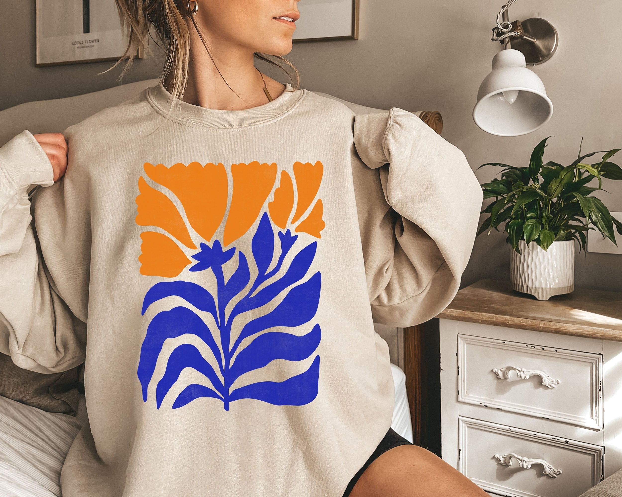 Boho Botanical Blue And Orange Wildflower Floral Print Nature Inspired Cozy Bohemian Sweatshirt