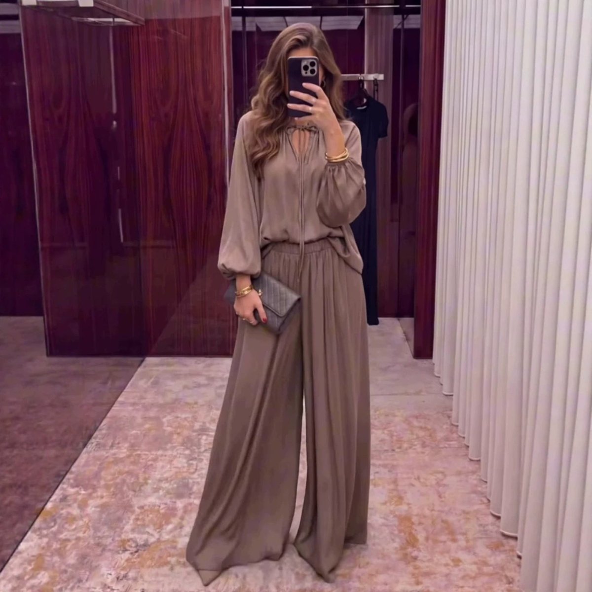 Gathered Neck Self-Tie Satin-Finish Top & Wide-Leg Trouser Set(MS465)