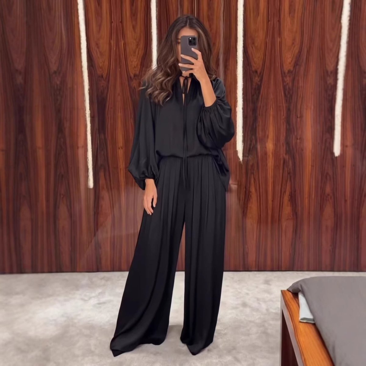 Gathered Neck Self-Tie Satin-Finish Top & Wide-Leg Trouser Set(MS465)