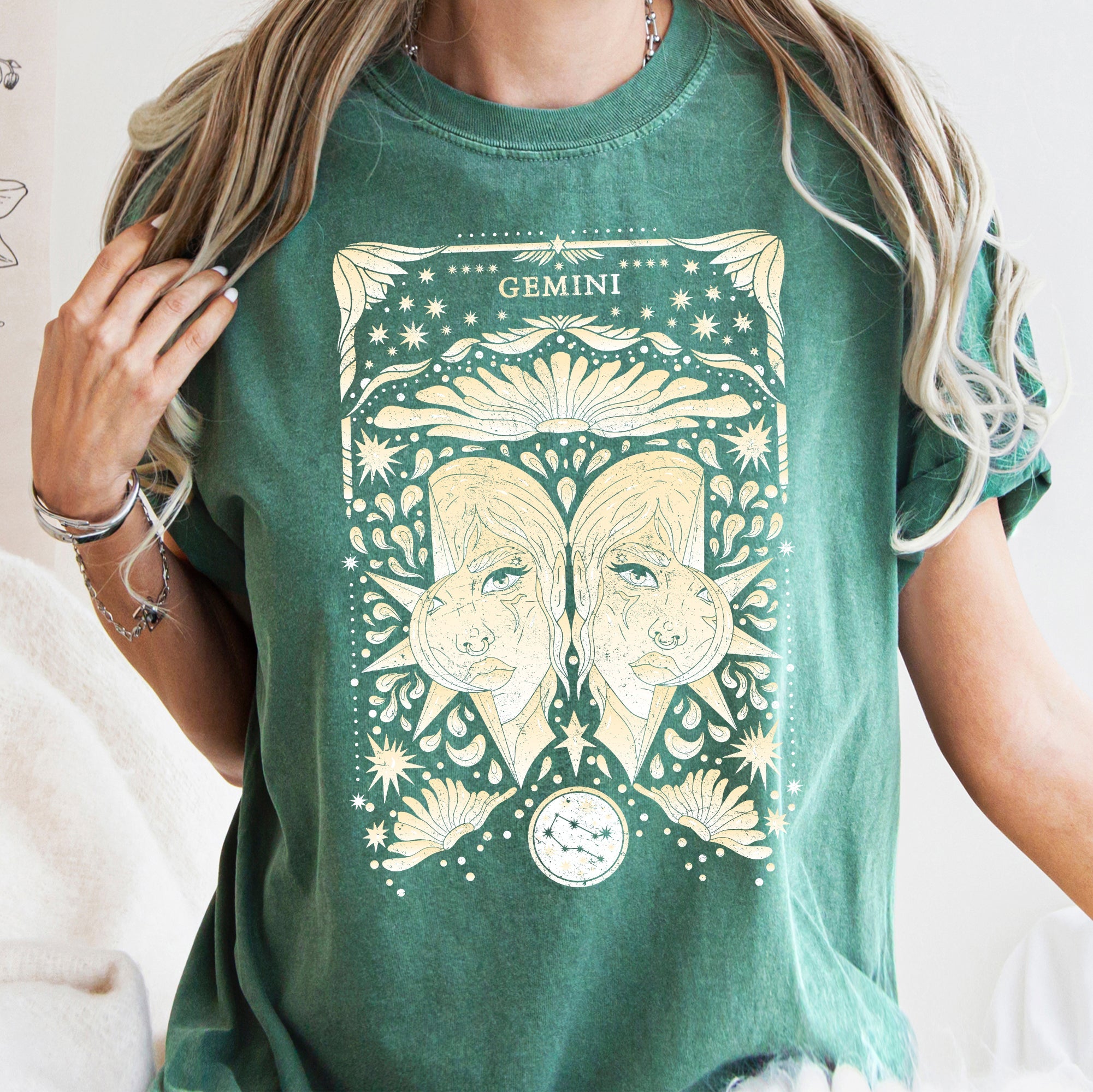 Gemini Celestial Zodiac Horoscope Astrology Constellation Glyph Moon Phase Graphic Comfort Colors Tee
