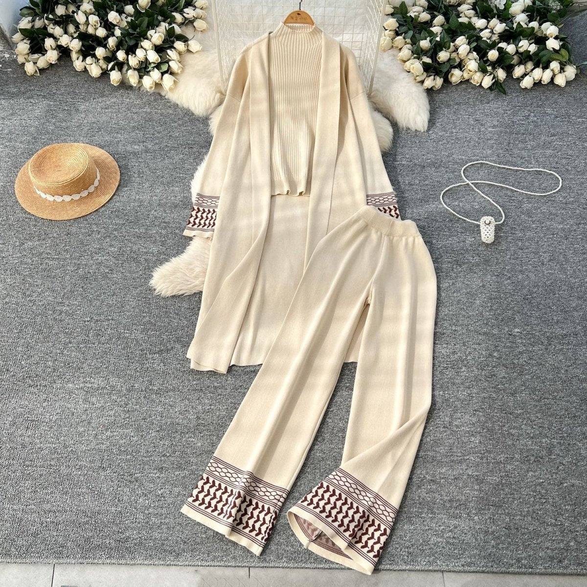 Geometric Jacquard-Trim Ribbed Knit 3-Piece Set(MS471)