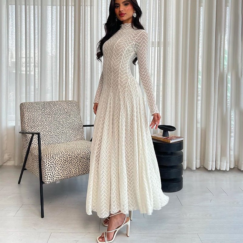 Geometric Lace Mock Neck Maxi Dress (MS397)