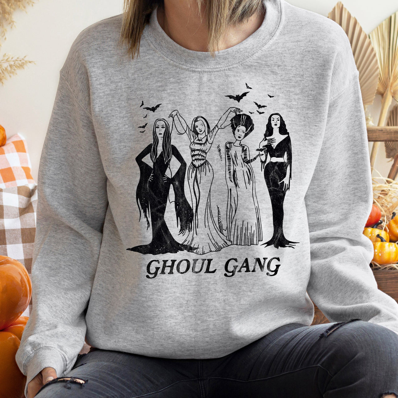 Ghoul Gang Halloween Nighttime Spectral Scene Illustration With Haunted Elements In Vintage Grunge Style Sweatshirt