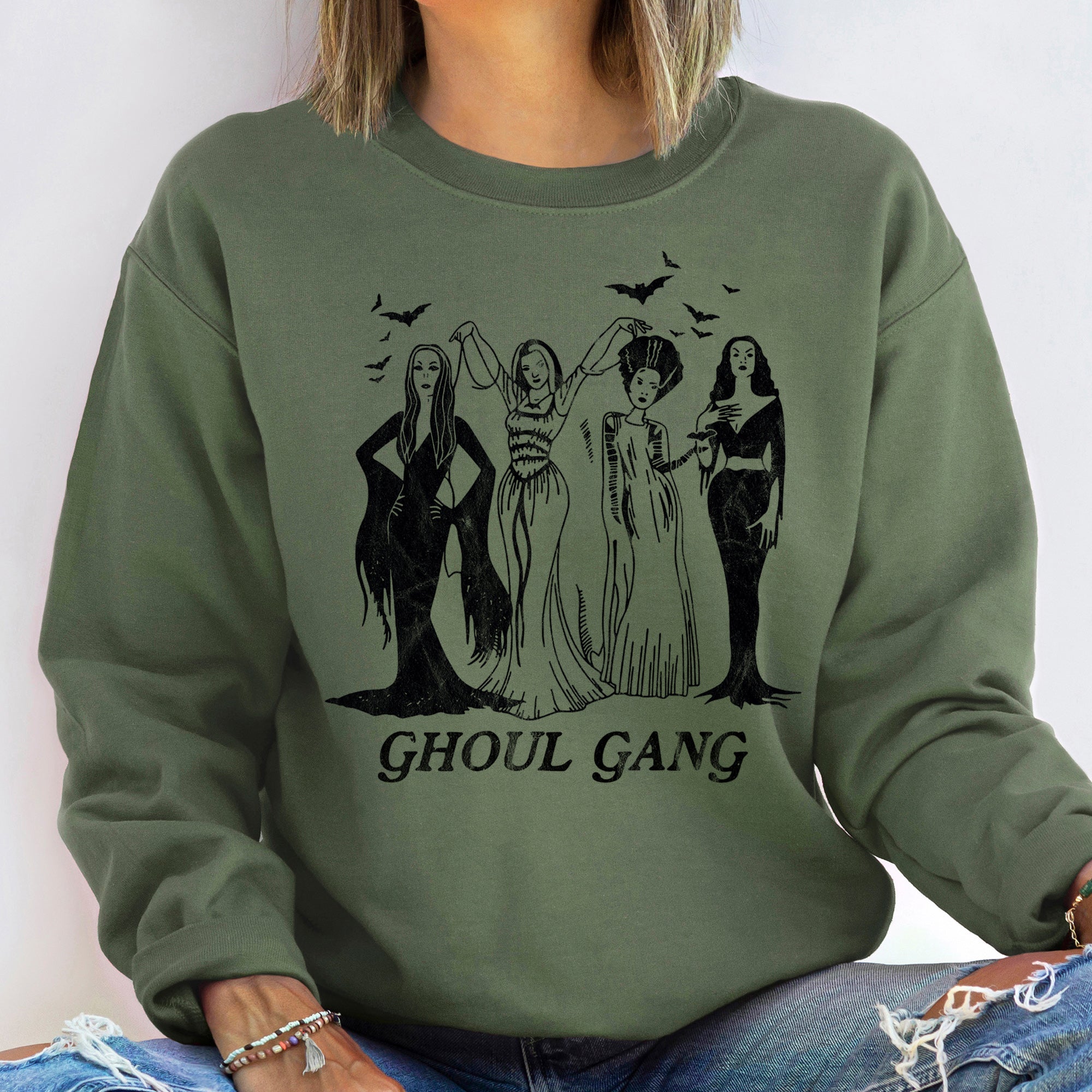 Ghoul Gang Halloween Nighttime Spectral Scene Illustration With Haunted Elements In Vintage Grunge Style Sweatshirt