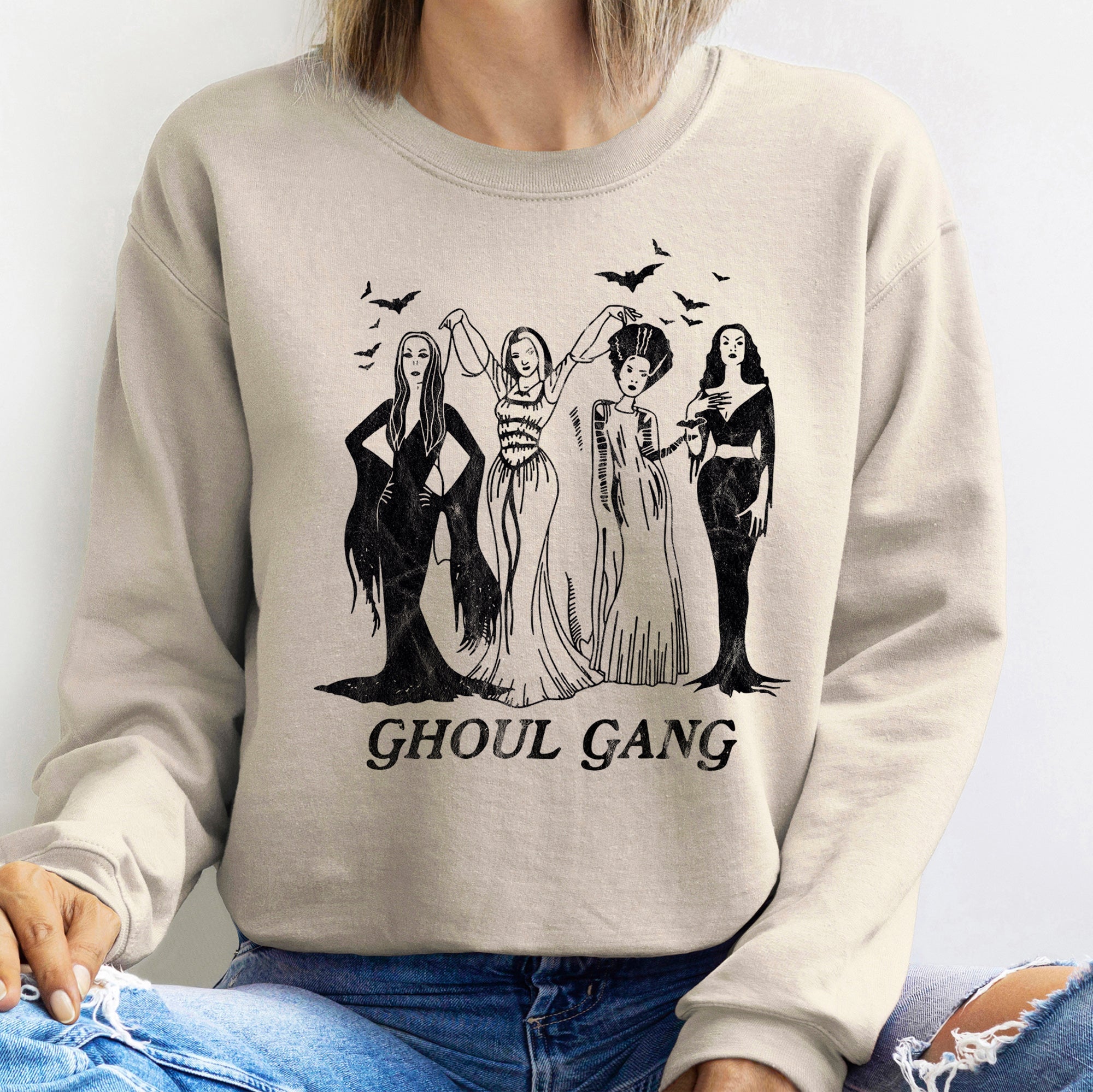 Ghoul Gang Halloween Nighttime Spectral Scene Illustration With Haunted Elements In Vintage Grunge Style Sweatshirt