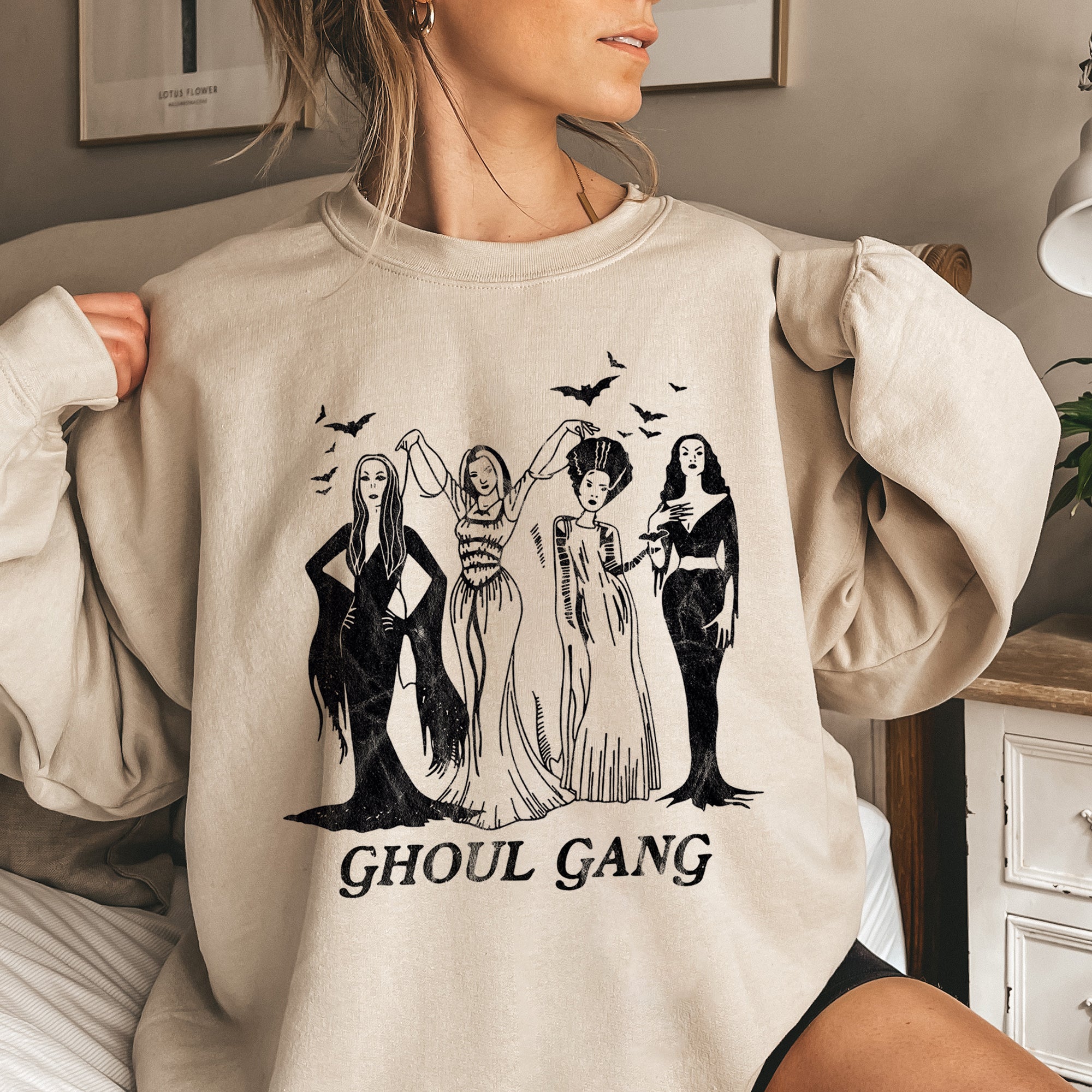 Ghoul Gang Halloween Nighttime Spectral Scene Illustration With Haunted Elements In Vintage Grunge Style Sweatshirt
