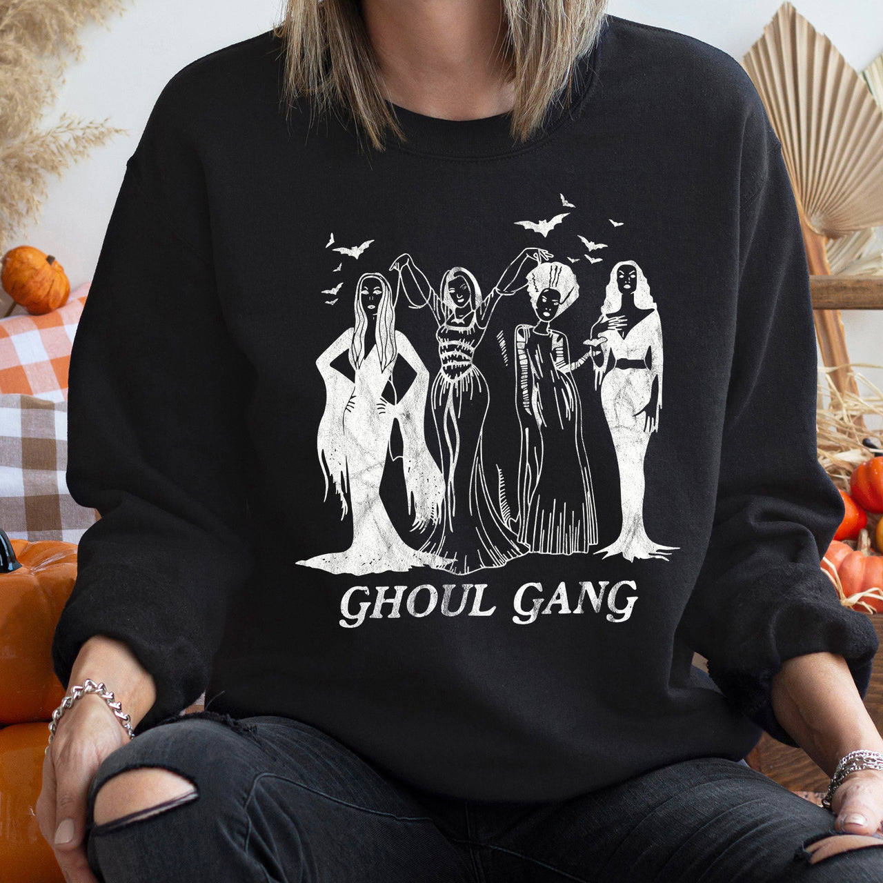 Ghoul Gang Vintage Halloween Graphic Artwork On Soft Fleece For Cozy Fall Sweatshirt