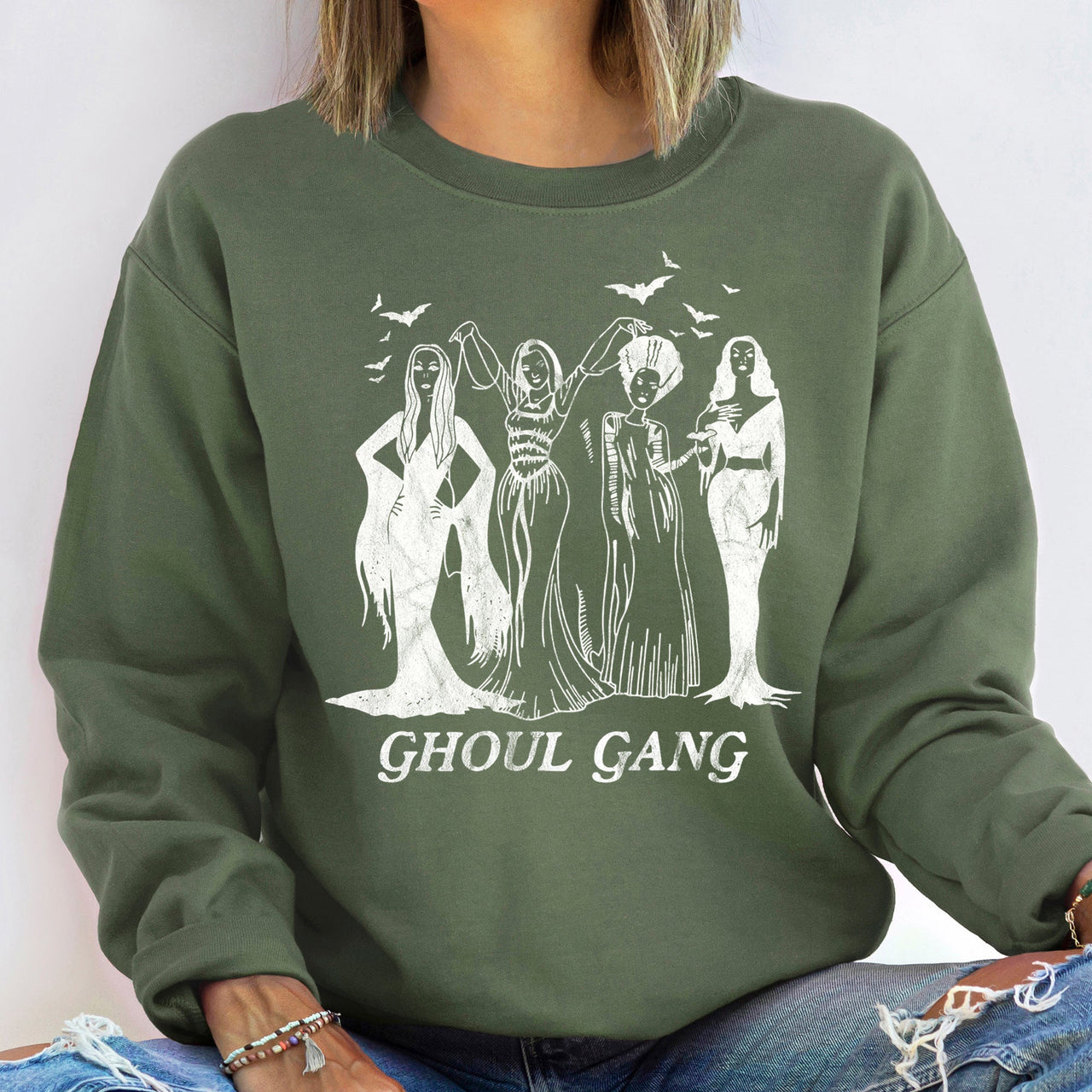 Ghoul Gang Vintage Halloween Graphic Artwork On Soft Fleece For Cozy Fall Sweatshirt