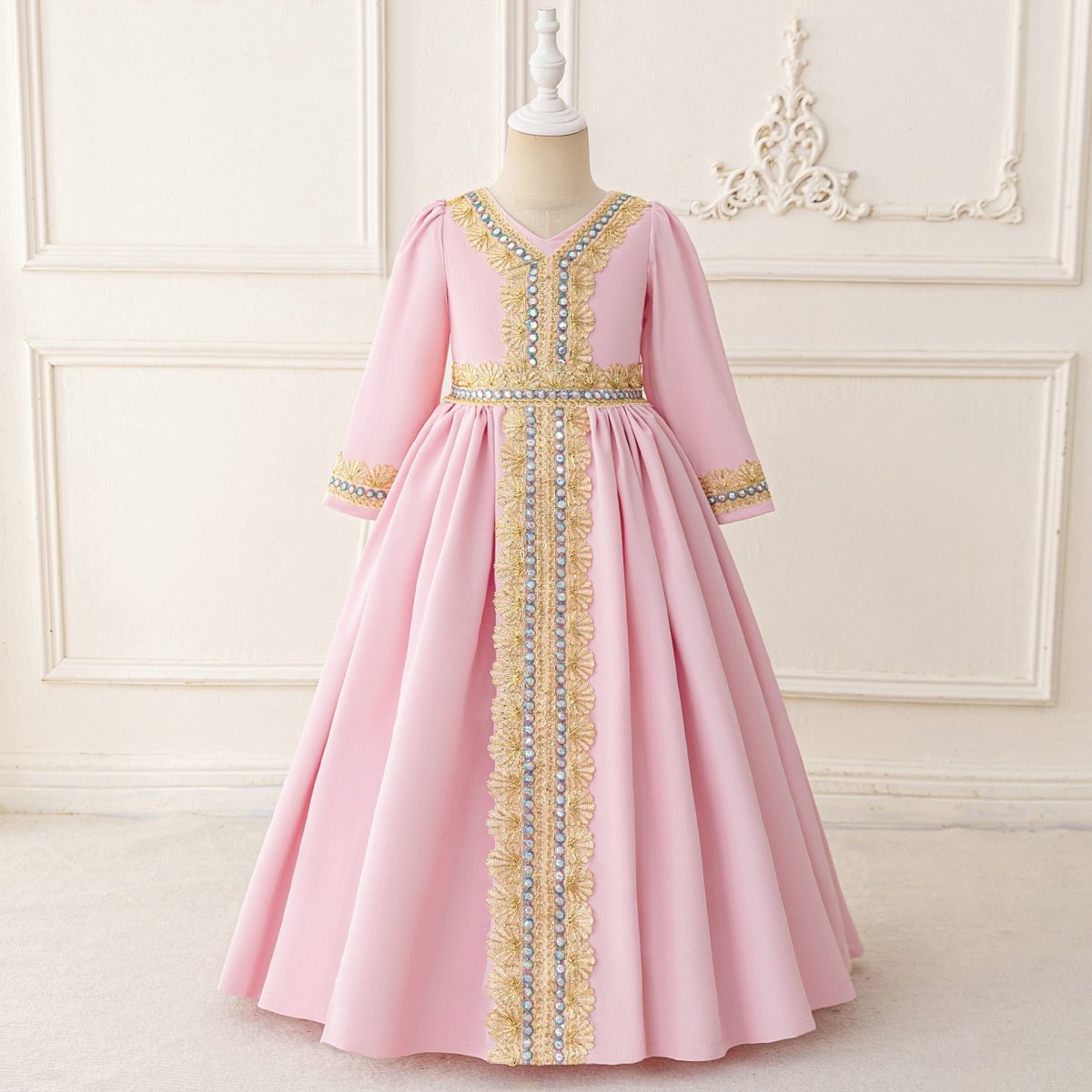 Girls Embroidered Kaftan Dress with Jeweled Belt(MKG021)