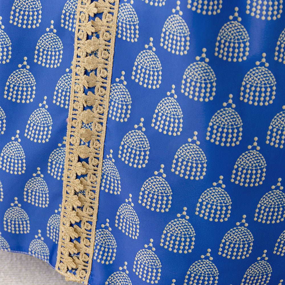 Girls Royal Blue Printed Kaftan Dress(MKG023)