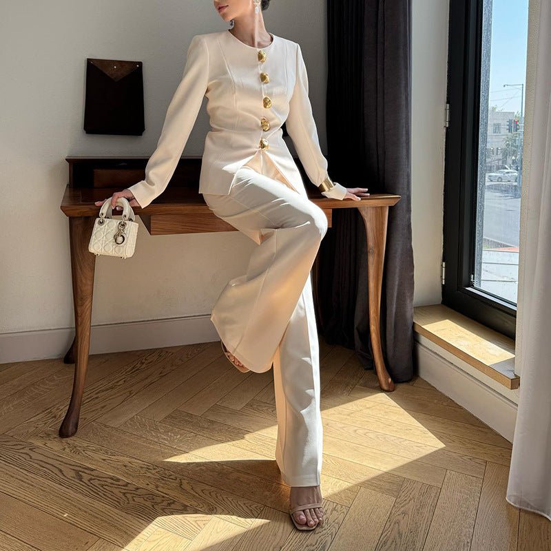 Gold Button Blazer & Straight Leg Pants Set (MS398)